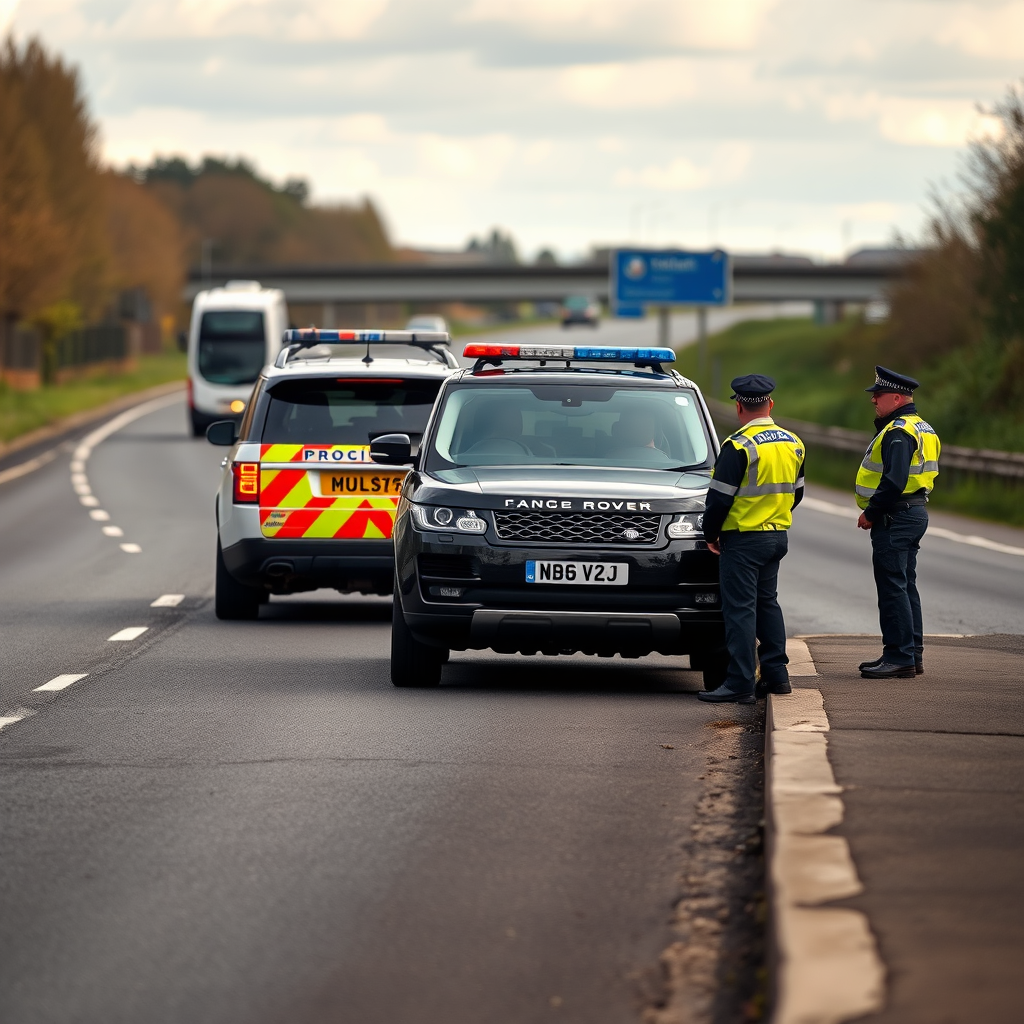 Officers investigate Land Rover with multiple plates on M40